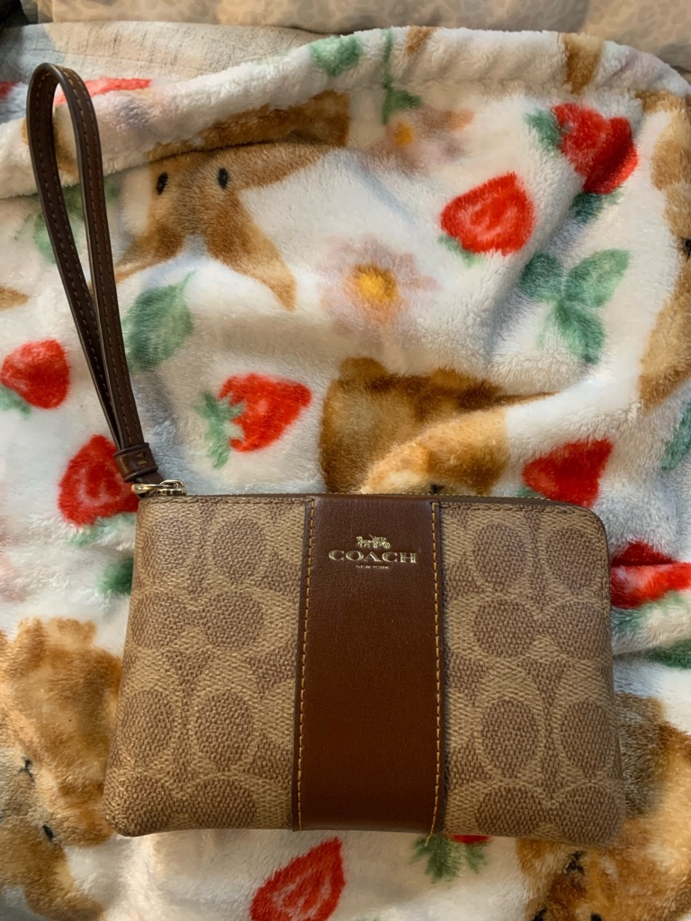 Coach Brown Signature Canvas Wristlet with Leather Trim